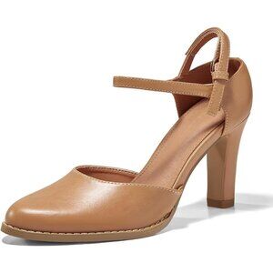 Women's Khaki Chunky High Heels Closed Pointed Toe Ankle Strap Pumps Shoes